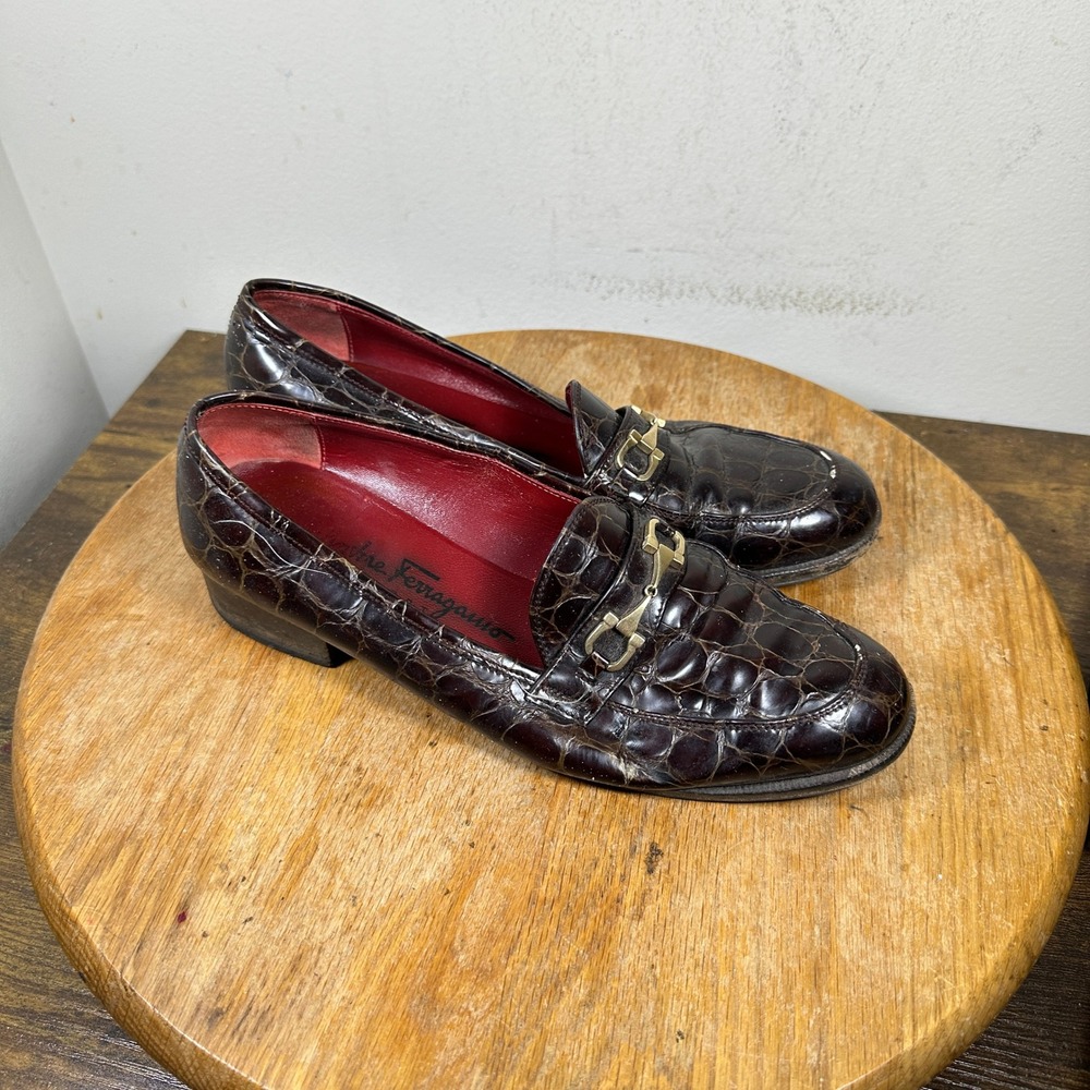 Salvatore Ferragamo Sport Brown Croc Embossed Gancini Bit Loafers 6.5 B Italy